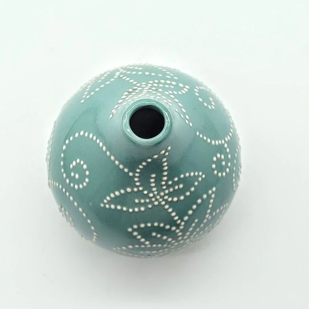Crate & Barrel Aqua Blue White Stitch Embossed Dot Ceramic Bud Vase